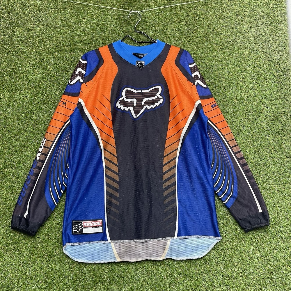 Vintage Fox Racing Motocross Jersey Mens Medium Orange Blue Black Long Sleeve MX